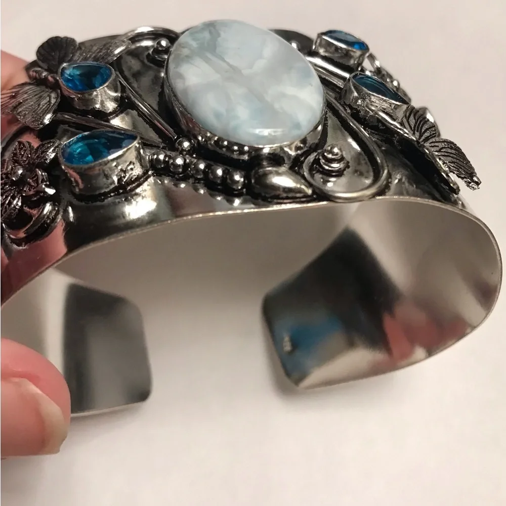 Larimar Blue Topaz Stamped Solid 925 Sterling Silver Cuff Bracelet